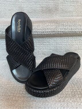 Seychelles Key West Woven Leather Platform Slides Black Sandals Women's Size 9